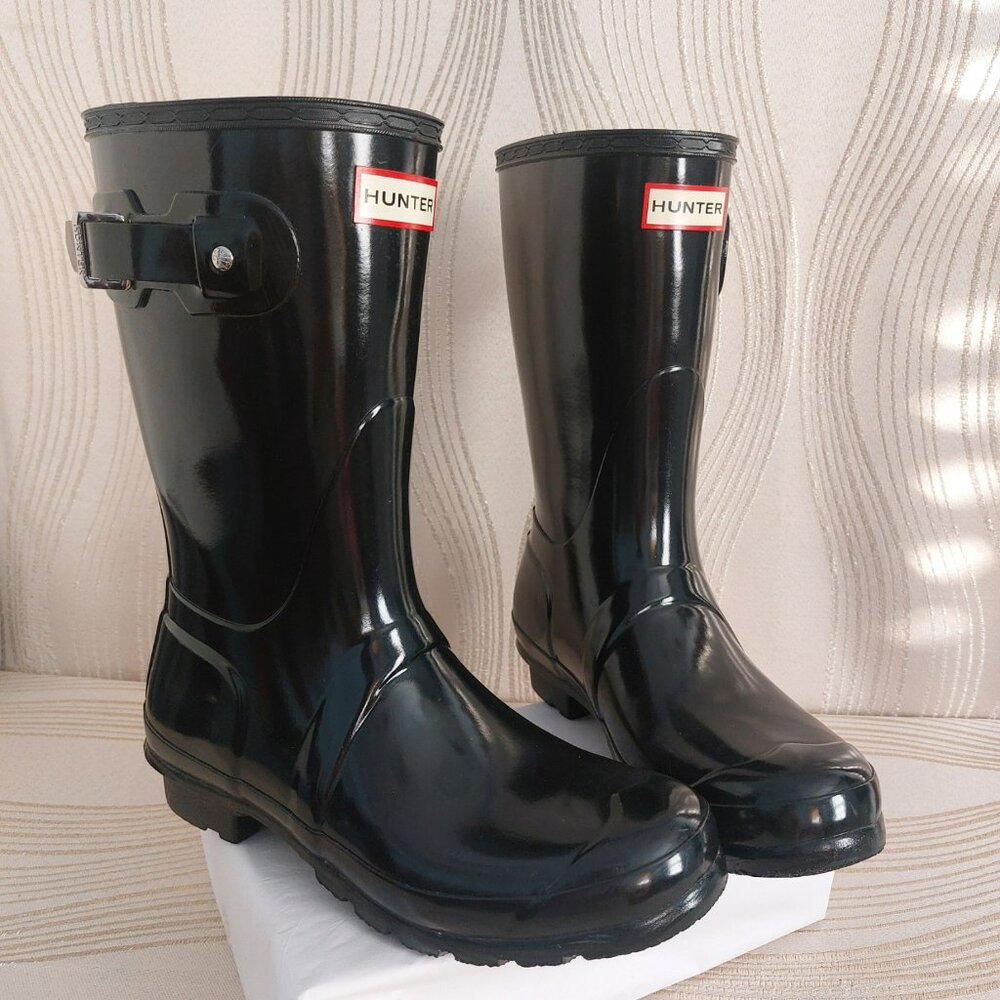 Hunter Classic Short Gloss Rain Boots Black 8 Mid Calf Shiny Like New - Picture 9 of 9
